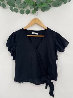 Black Casual Chic Wrap Womans Side Tie Top Flutter Sleeve Large